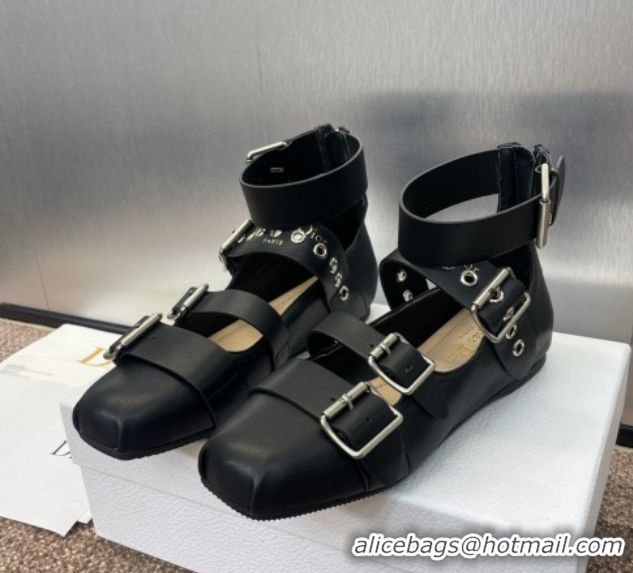 Sumptuous Dior Punk Ballet Flats in Supple Calfskin with Buckle and Amkle Strap Black 0425060