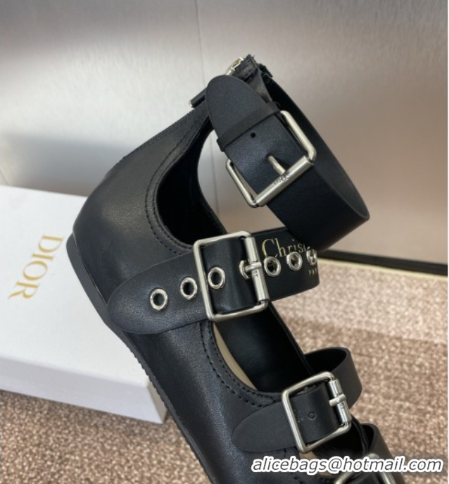 Sumptuous Dior Punk Ballet Flats in Supple Calfskin with Buckle and Amkle Strap Black 0425060