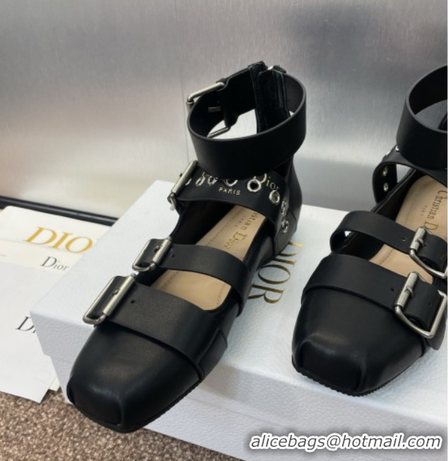 Sumptuous Dior Punk Ballet Flats in Supple Calfskin with Buckle and Amkle Strap Black 0425060