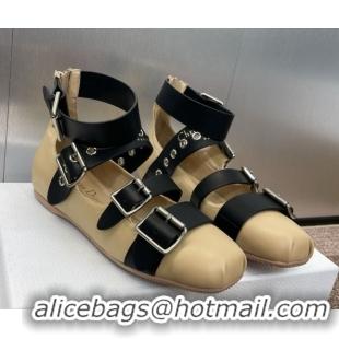 Stylish Dior Punk Ballet Flats in Supple Calfskin with Buckle and Amkle Strap Beige 0425061