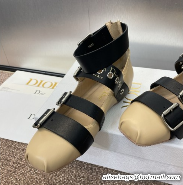 Stylish Dior Punk Ballet Flats in Supple Calfskin with Buckle and Amkle Strap Beige 0425061