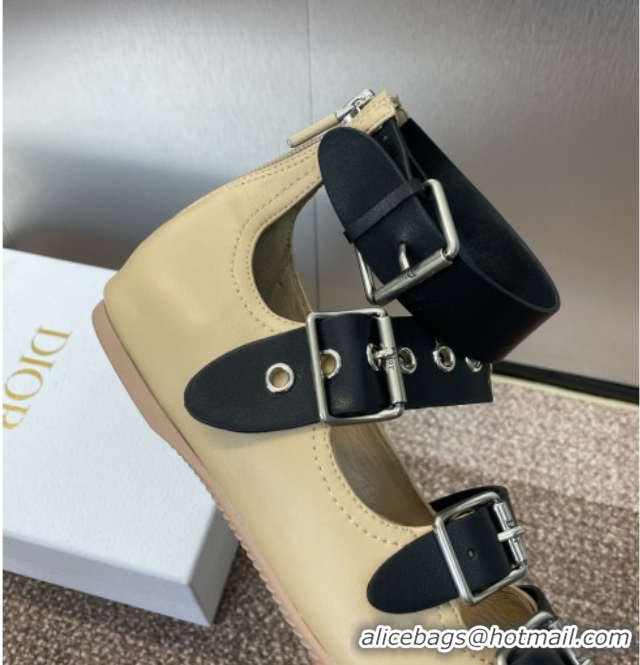 Stylish Dior Punk Ballet Flats in Supple Calfskin with Buckle and Amkle Strap Beige 0425061