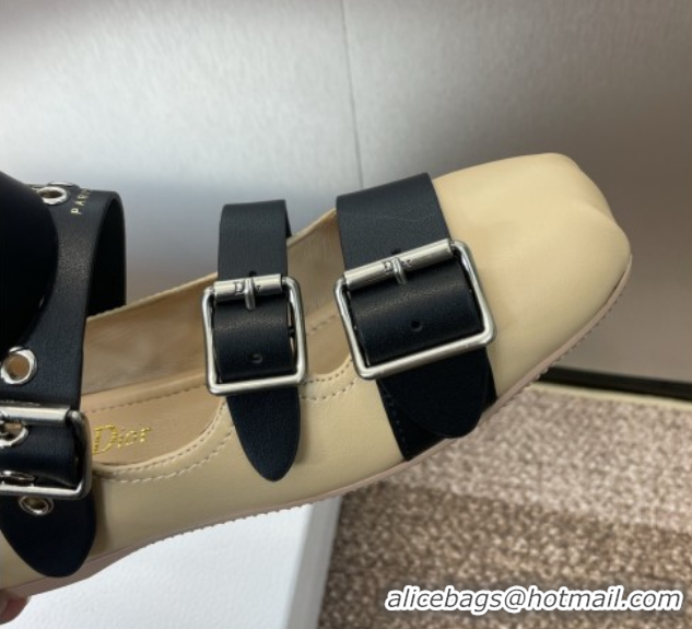 Stylish Dior Punk Ballet Flats in Supple Calfskin with Buckle and Amkle Strap Beige 0425061