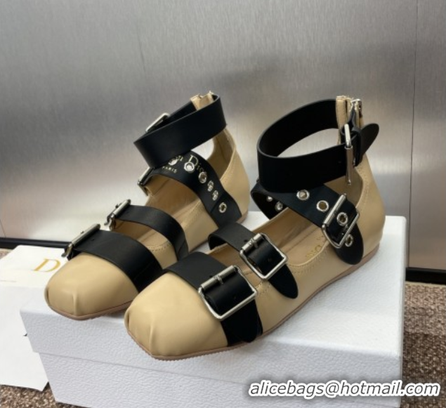 Stylish Dior Punk Ballet Flats in Supple Calfskin with Buckle and Amkle Strap Beige 0425061