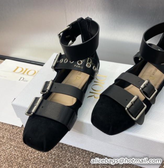 Buy Luxury Dior Punk Ballet Flats in Suede with Buckle and Amkle Strap Black 0425062