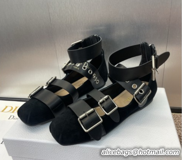 Buy Luxury Dior Punk Ballet Flats in Suede with Buckle and Amkle Strap Black 0425062