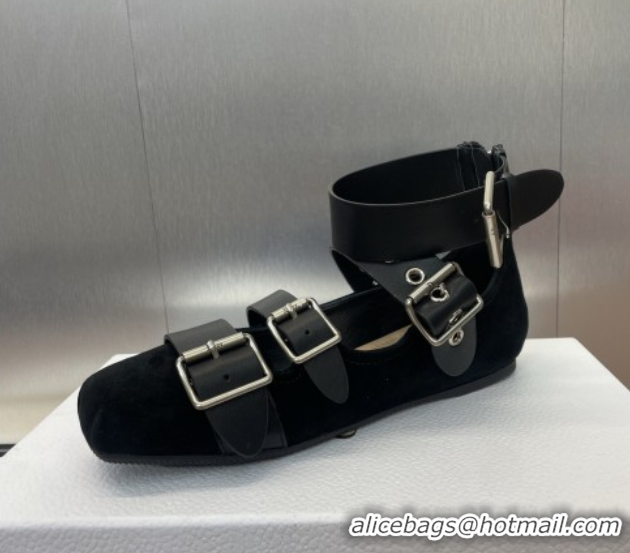 Buy Luxury Dior Punk Ballet Flats in Suede with Buckle and Amkle Strap Black 0425062