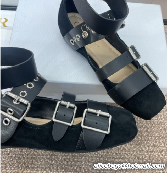 Buy Luxury Dior Punk Ballet Flats in Suede with Buckle and Amkle Strap Black 0425062