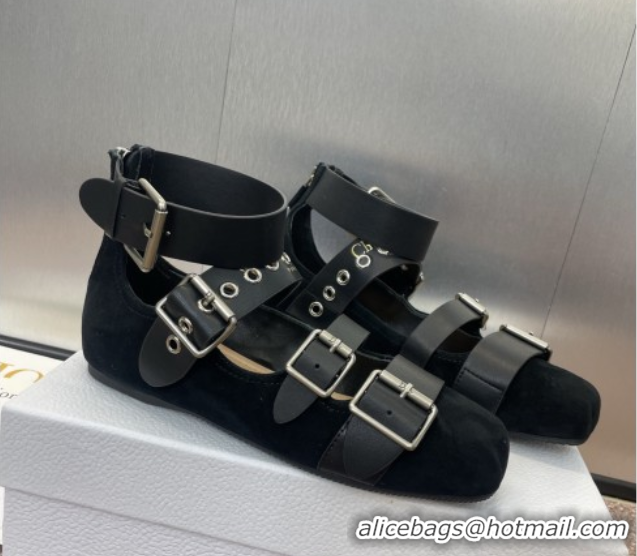 Buy Luxury Dior Punk Ballet Flats in Suede with Buckle and Amkle Strap Black 0425062