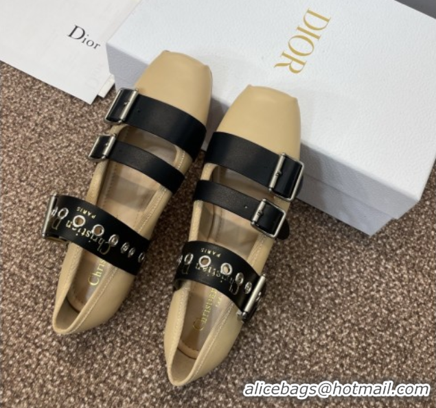 Grade Quality Dior Punk Ballet Flats in Supple Calfskin Leather with Buckle Beige 0425063