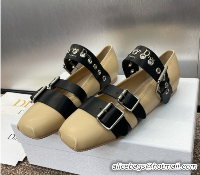 Grade Quality Dior Punk Ballet Flats in Supple Calfskin Leather with Buckle Beige 0425063