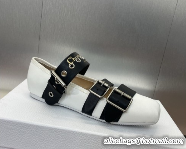Perfect Dior Punk Ballet Flats in Supple Calfskin Leather with Buckle White 0425064