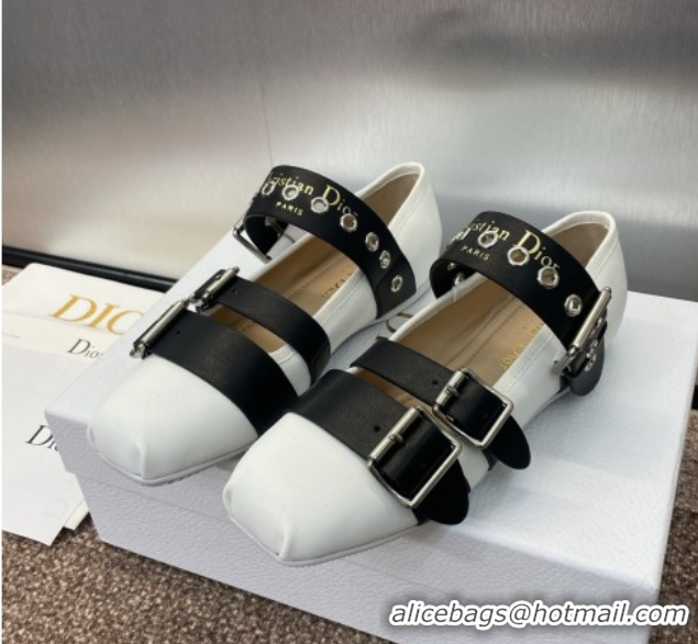 Perfect Dior Punk Ballet Flats in Supple Calfskin Leather with Buckle White 0425064