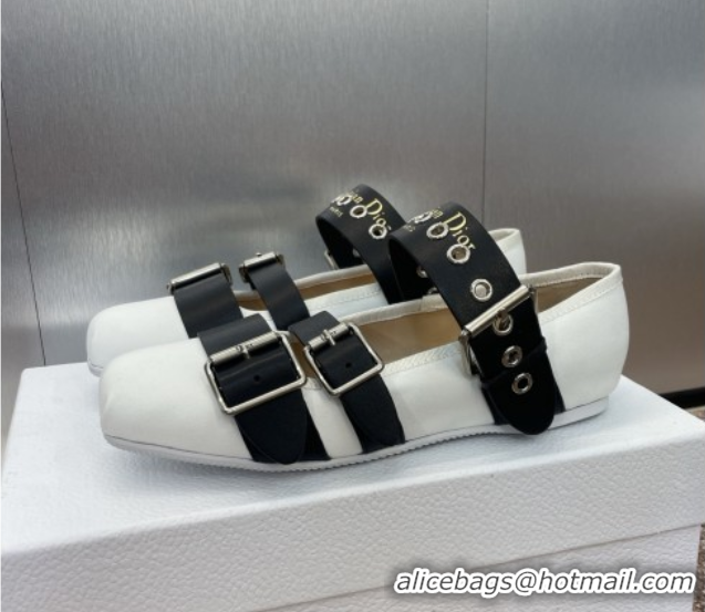 Perfect Dior Punk Ballet Flats in Supple Calfskin Leather with Buckle White 0425064