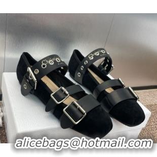 Shop Duplicate Dior Punk Ballet Flats in Suede with Buckle Black 0425065