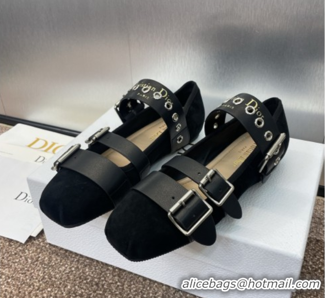 Shop Duplicate Dior Punk Ballet Flats in Suede with Buckle Black 0425065