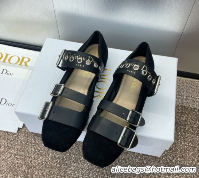 Shop Duplicate Dior Punk Ballet Flats in Suede with Buckle Black 0425065