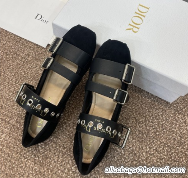 Shop Duplicate Dior Punk Ballet Flats in Suede with Buckle Black 0425065