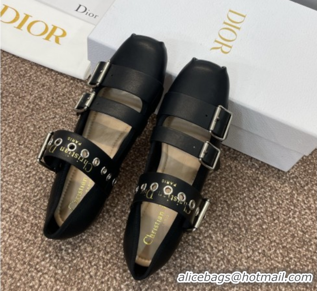 Popular Style Dior Punk Ballet Flats in Supple Calfskin Leather with Buckle Black 0425066