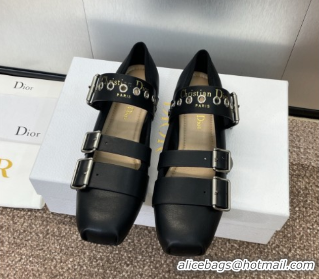 Popular Style Dior Punk Ballet Flats in Supple Calfskin Leather with Buckle Black 0425066