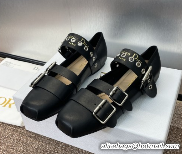 Popular Style Dior Punk Ballet Flats in Supple Calfskin Leather with Buckle Black 0425066
