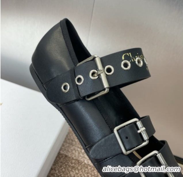 Popular Style Dior Punk Ballet Flats in Supple Calfskin Leather with Buckle Black 0425066