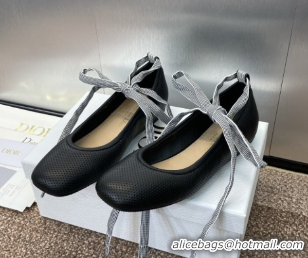 Top Design Dior D-Journey Lace-Up Ballet Flats in Perforated Supple Lambskin with Lace Black 0425067