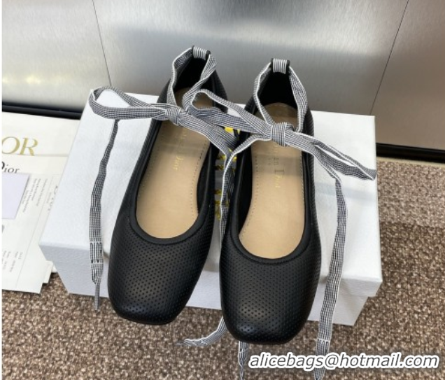 Top Design Dior D-Journey Lace-Up Ballet Flats in Perforated Supple Lambskin with Lace Black 0425067