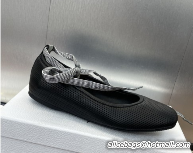 Top Design Dior D-Journey Lace-Up Ballet Flats in Perforated Supple Lambskin with Lace Black 0425067