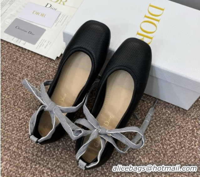 Top Design Dior D-Journey Lace-Up Ballet Flats in Perforated Supple Lambskin with Lace Black 0425067