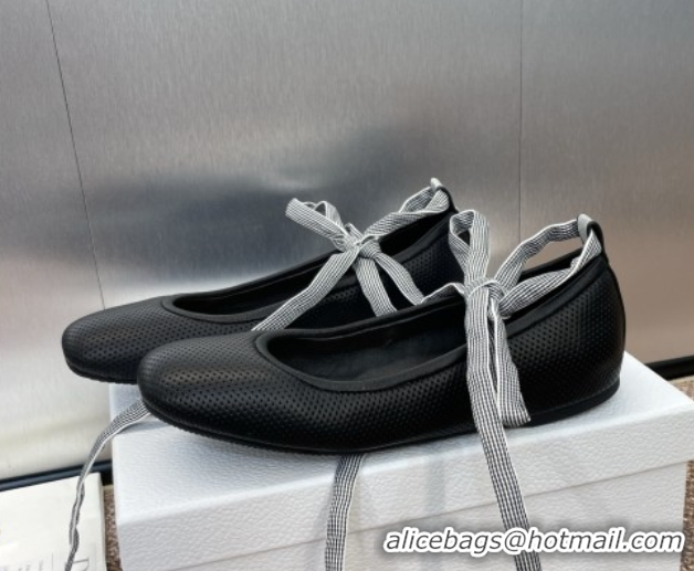 Top Design Dior D-Journey Lace-Up Ballet Flats in Perforated Supple Lambskin with Lace Black 0425067