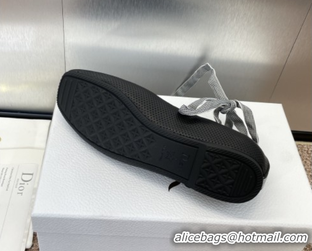 Top Design Dior D-Journey Lace-Up Ballet Flats in Perforated Supple Lambskin with Lace Black 0425067