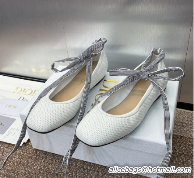 Duplicate Dior D-Journey Lace-Up Ballet Flats in Perforated Supple Lambskin with Lace White 0425068