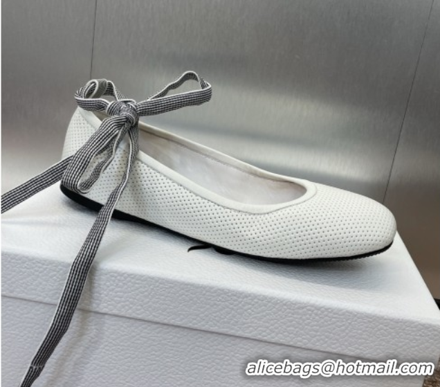 Duplicate Dior D-Journey Lace-Up Ballet Flats in Perforated Supple Lambskin with Lace White 0425068