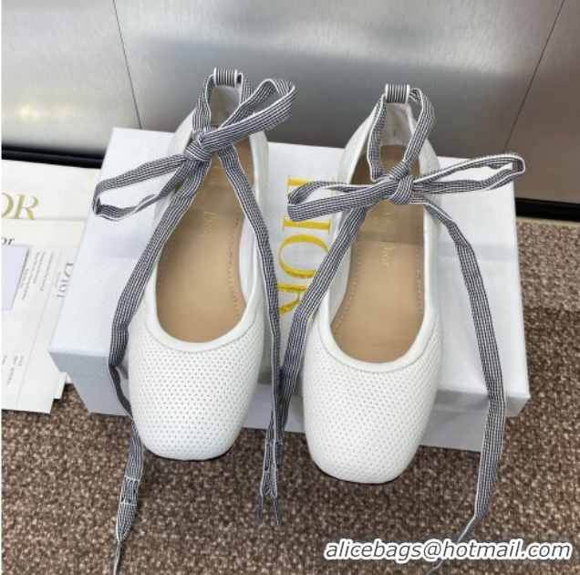 Duplicate Dior D-Journey Lace-Up Ballet Flats in Perforated Supple Lambskin with Lace White 0425068