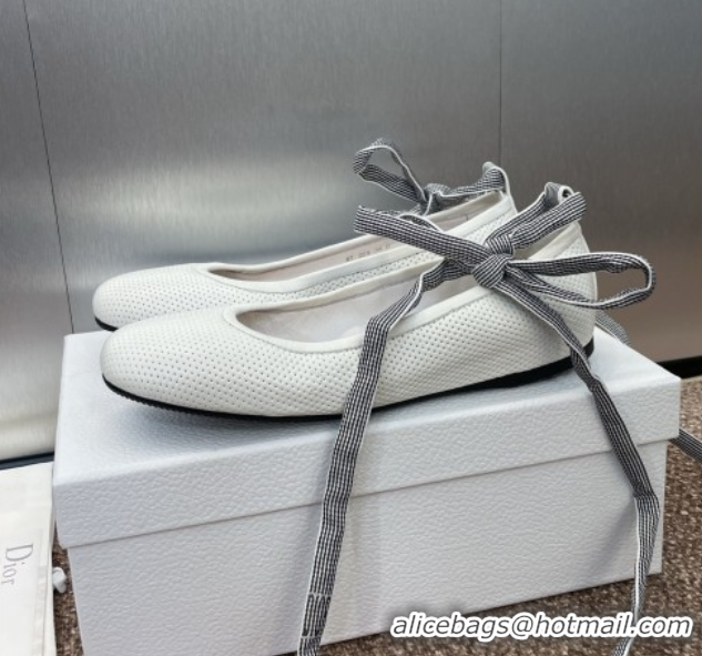 Duplicate Dior D-Journey Lace-Up Ballet Flats in Perforated Supple Lambskin with Lace White 0425068
