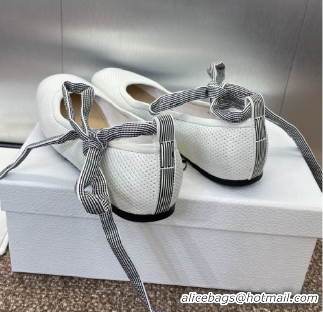 Duplicate Dior D-Journey Lace-Up Ballet Flats in Perforated Supple Lambskin with Lace White 0425068