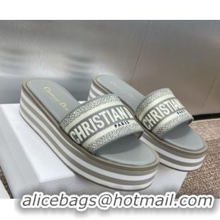 Charming Dior Dway Striped Platform Slides Sandal 4cm in Embroidered Cotton Grey 0425069