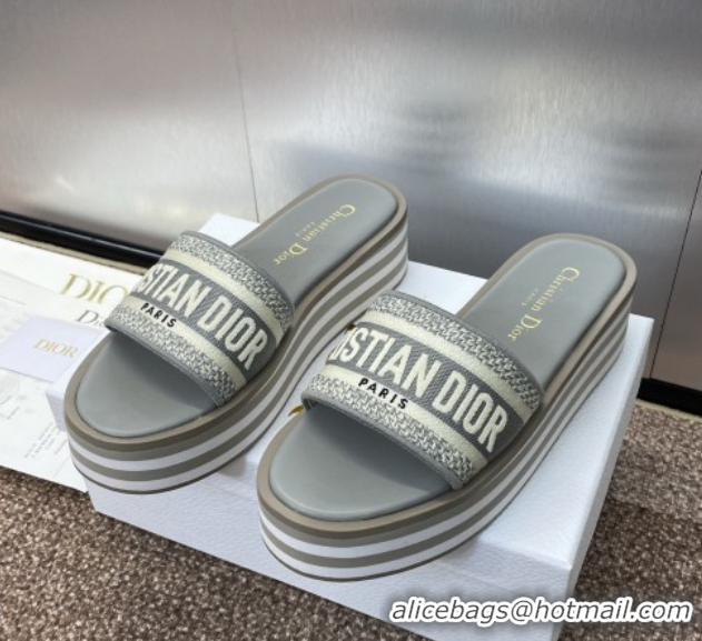 Charming Dior Dway Striped Platform Slides Sandal 4cm in Embroidered Cotton Grey 0425069