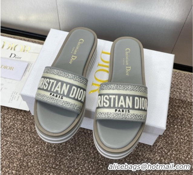 Charming Dior Dway Striped Platform Slides Sandal 4cm in Embroidered Cotton Grey 0425069