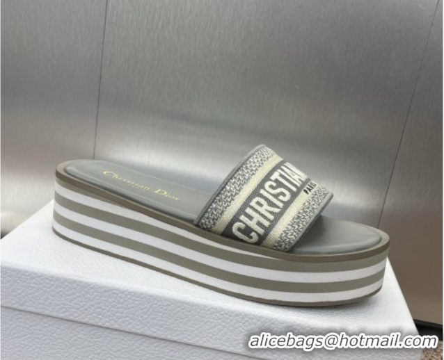 Charming Dior Dway Striped Platform Slides Sandal 4cm in Embroidered Cotton Grey 0425069