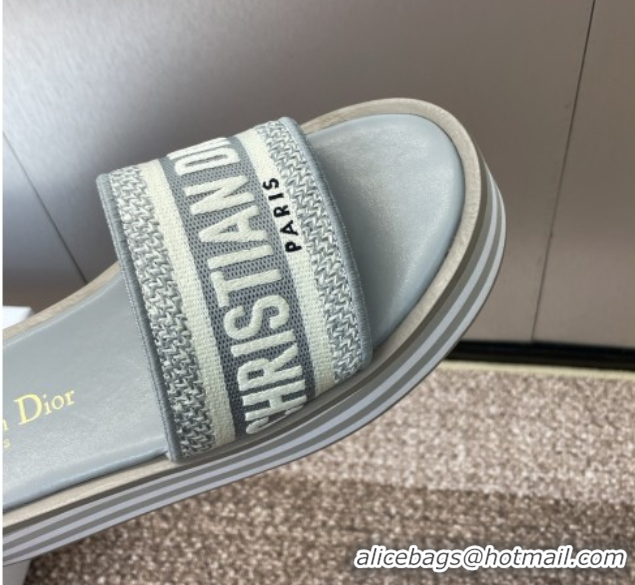 Charming Dior Dway Striped Platform Slides Sandal 4cm in Embroidered Cotton Grey 0425069