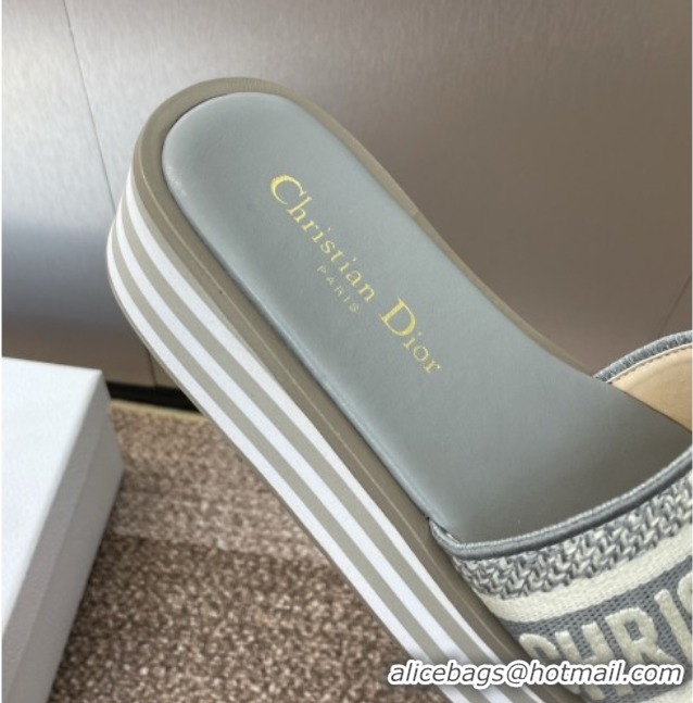 Charming Dior Dway Striped Platform Slides Sandal 4cm in Embroidered Cotton Grey 0425069