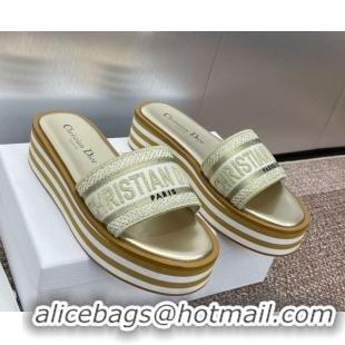 Stylish Dior Dway Striped Platform Slides Sandal 4cm in Embroidered Cotton Gold-Tone 0425070