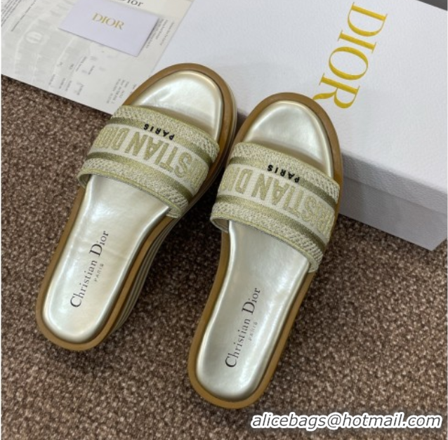 Stylish Dior Dway Striped Platform Slides Sandal 4cm in Embroidered Cotton Gold-Tone 0425070