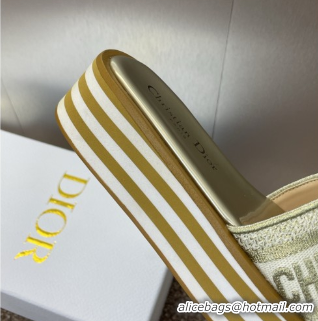 Stylish Dior Dway Striped Platform Slides Sandal 4cm in Embroidered Cotton Gold-Tone 0425070