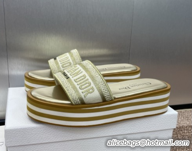 Stylish Dior Dway Striped Platform Slides Sandal 4cm in Embroidered Cotton Gold-Tone 0425070