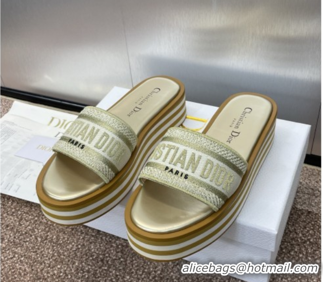 Stylish Dior Dway Striped Platform Slides Sandal 4cm in Embroidered Cotton Gold-Tone 0425070