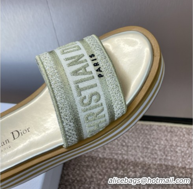Stylish Dior Dway Striped Platform Slides Sandal 4cm in Embroidered Cotton Gold-Tone 0425070