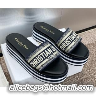 Cheap Price Dior Dway Striped Platform Slides Sandal 4cm in Embroidered Cotton Deep Blue 0425071